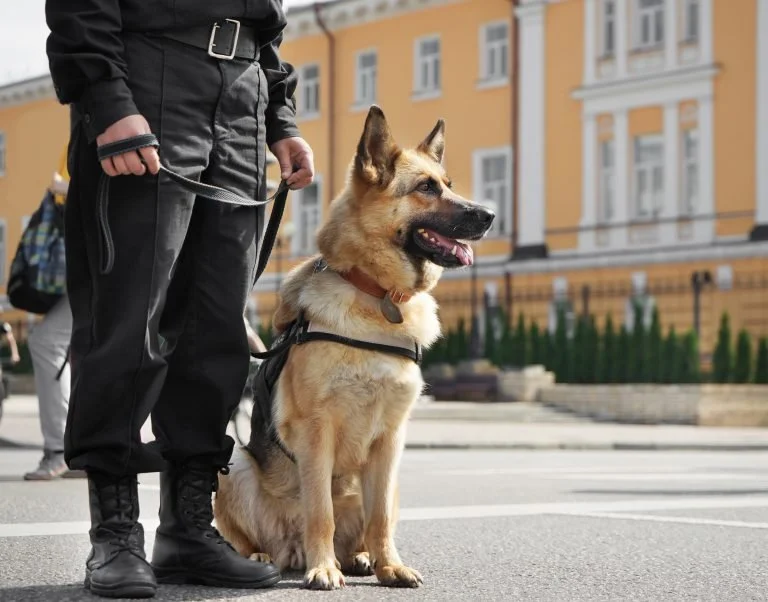 Person standing next to a large German Shepherd dog on a city street.