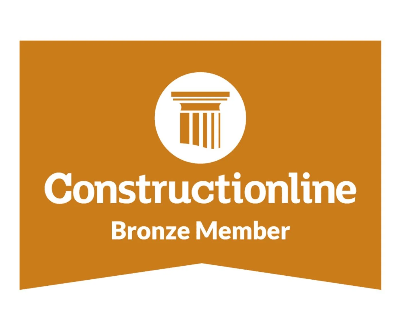 A badge with a brown background, featuring a white column icon in a circle at the top, and text stating 'Constructionline Bronze Member' in white underneath.