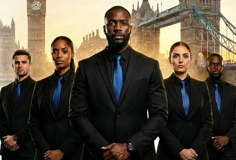 Group of five diverse security or surveillance personnel in black suits with blue ties, standing in front of a backdrop featuring the Big Ben clock tower and London Bridge in London, England.