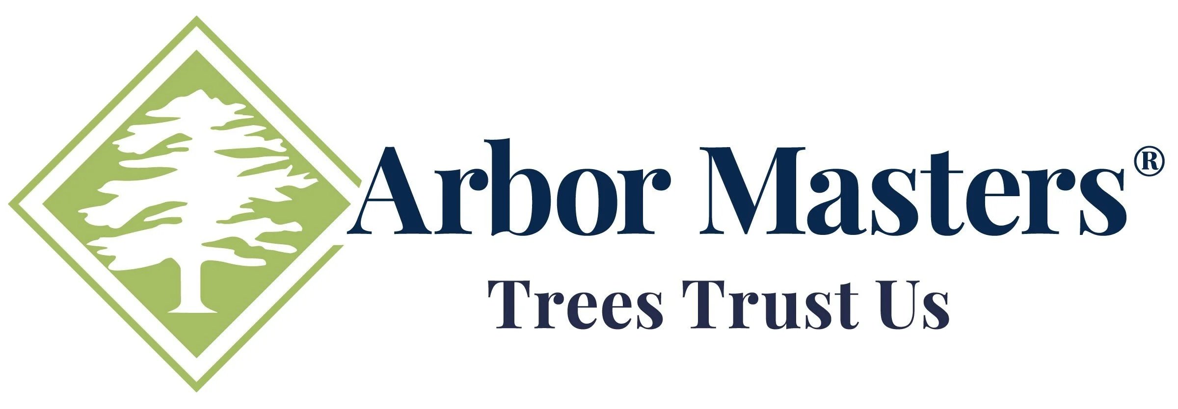 Logo of Arbor Masters featuring a green tree inside a diamond shape and the text "Arbor Masters" with the slogan "Trees Trust Us".