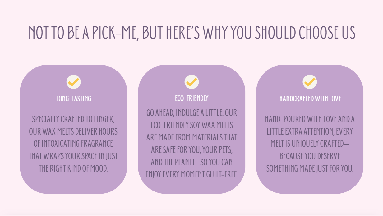 A graphic with a light pink background promoting eco-friendly soy wax melts, featuring three purple rounded rectangles with check marks and text about their qualities: long-lasting, eco-friendly, and handcrafted with love.