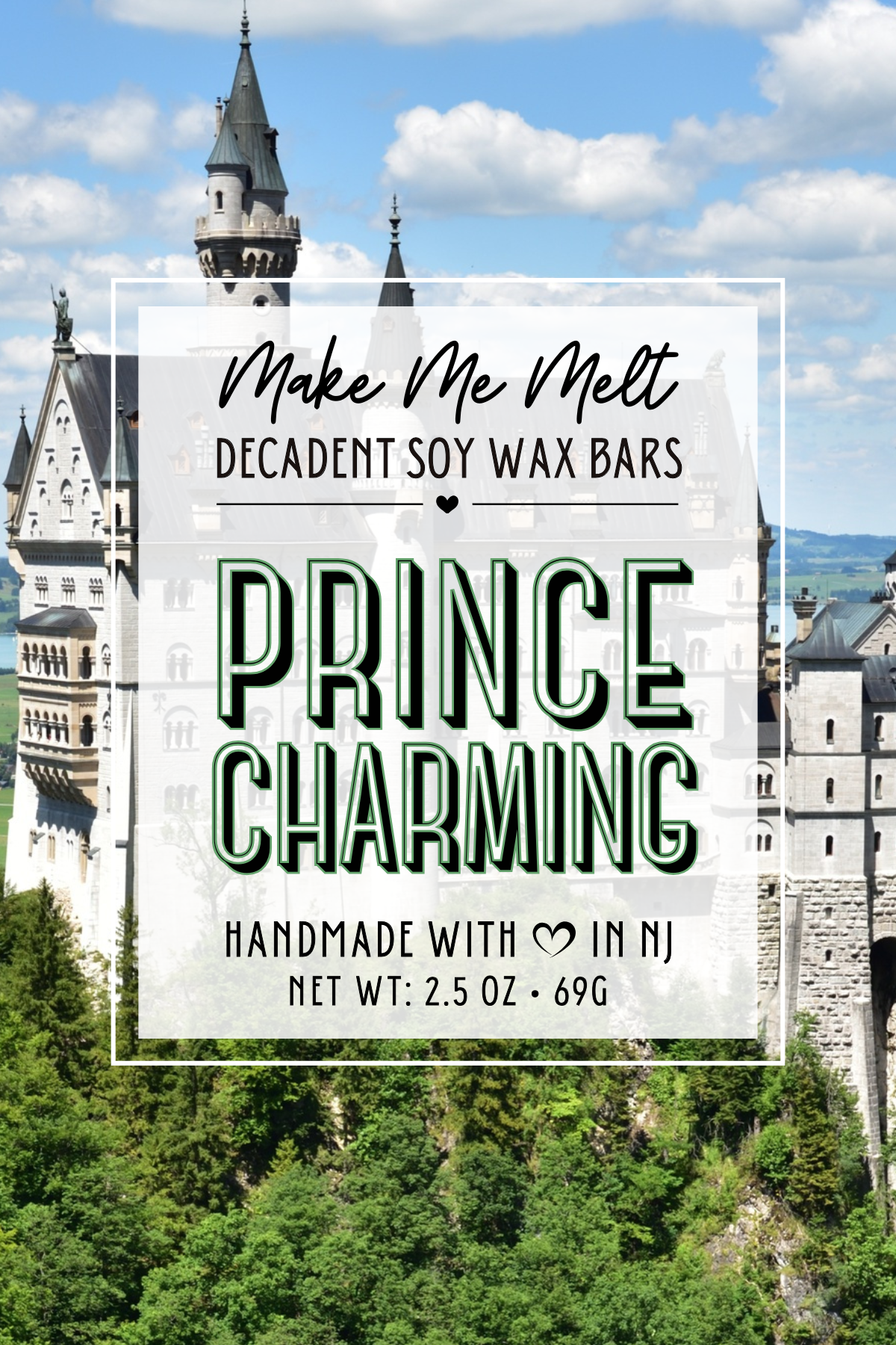 A tall castle with multiple towers and pointed roofs, set against a bright blue sky with clouds. There is lush green foliage at the bottom.