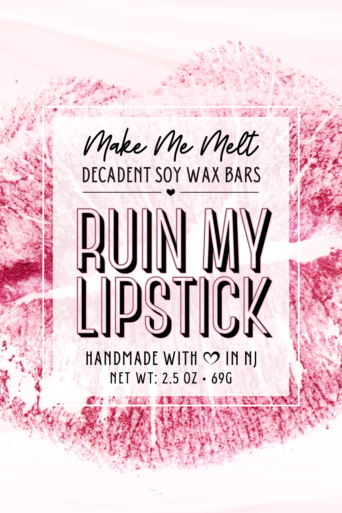 Packaging for a homemade soy wax lip balm with a pink and black design, featuring lipstick and lip print graphics.