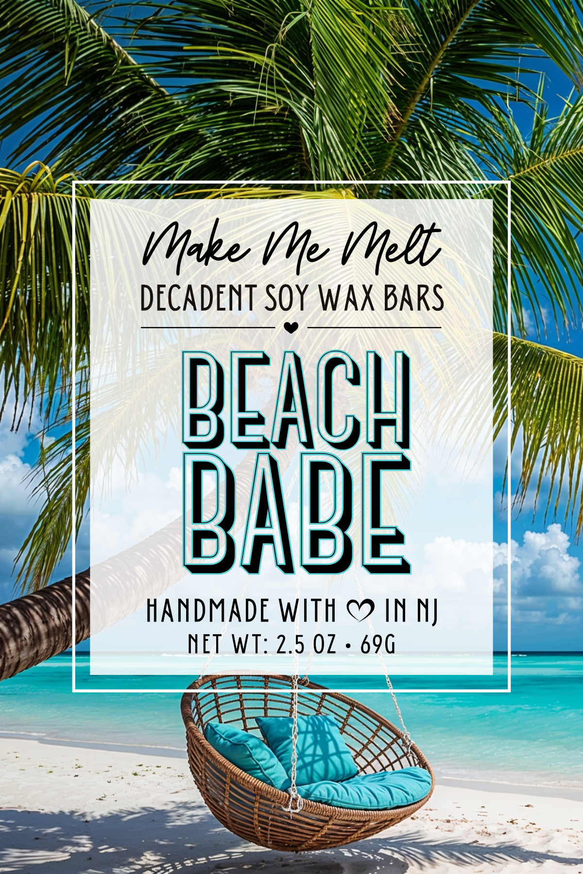 A tropical beach scene with palm trees, clear turquoise water, and a hanging wicker chair with blue cushions. Overlaid text advertises handmade soy wax beach bars.