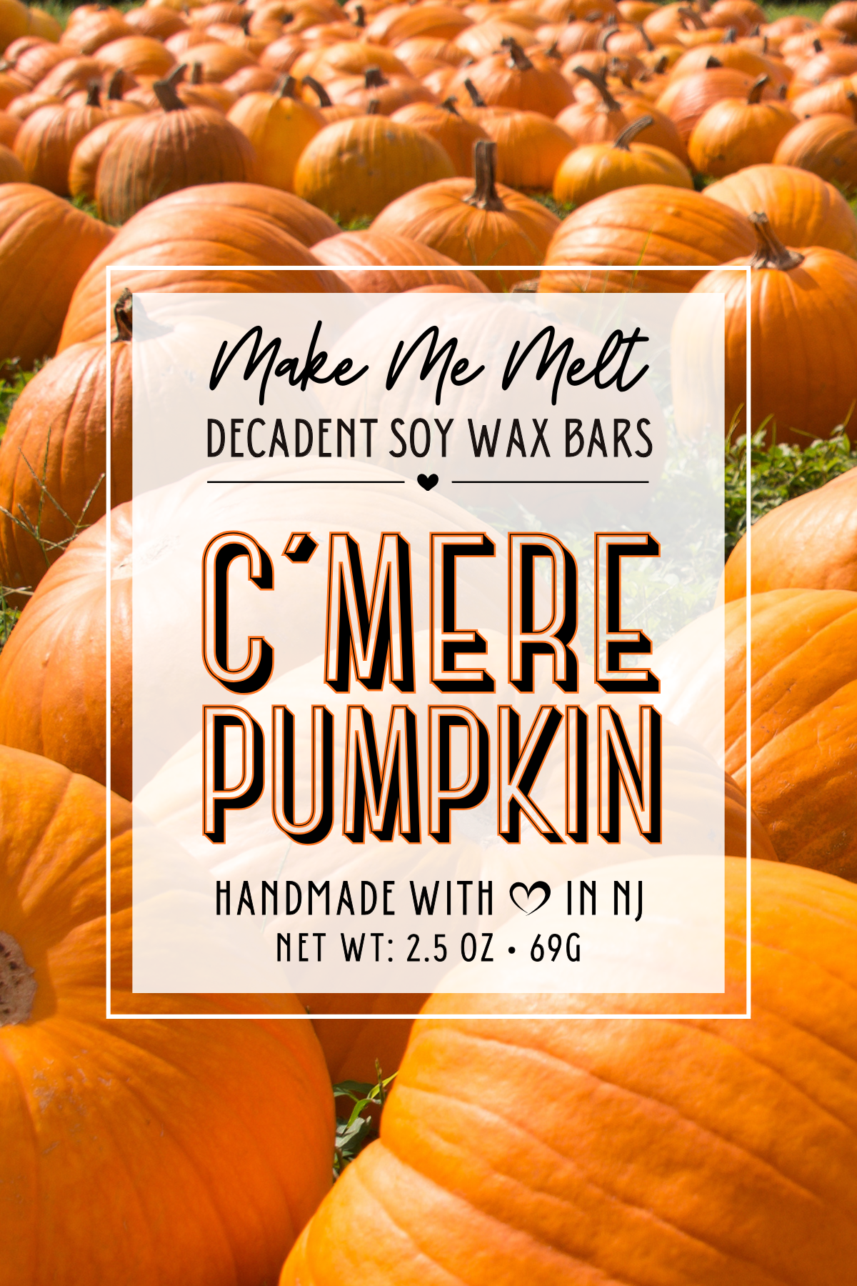 Pumpkin patch with large orange pumpkins surrounding a sign advertising handmade soy wax bars with pumpkin scent, 2.5 oz.