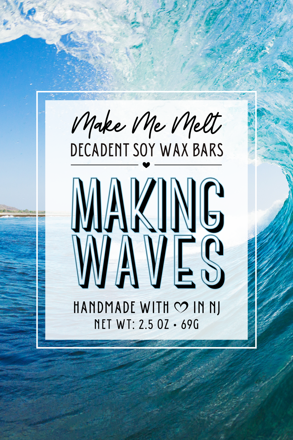 Label for making waves scented soy wax candles, featuring a background of a large ocean wave with a shoreline visible in the distance.