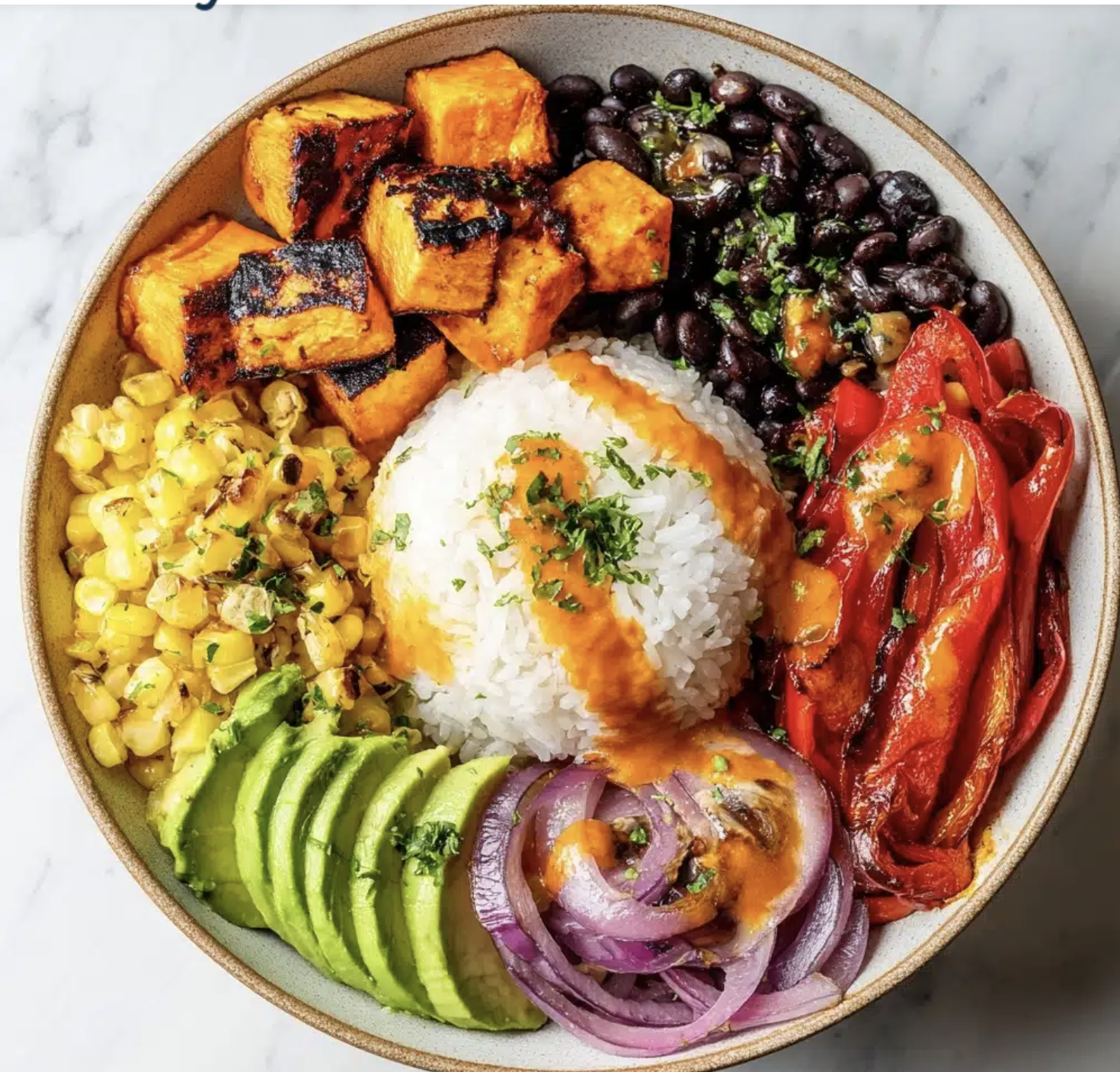 A bowl of mixed vegetarian food with rice in the center, grilled sweet potatoes, black beans, red peppers with sauce, sliced avocado, pickled red onions, corn, and chopped herbs.