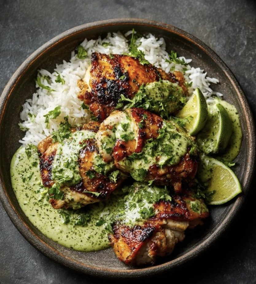 Plate of grilled chicken topped with green herb sauce, accompanied by white rice, lime wedges, and garnished with cilantro.