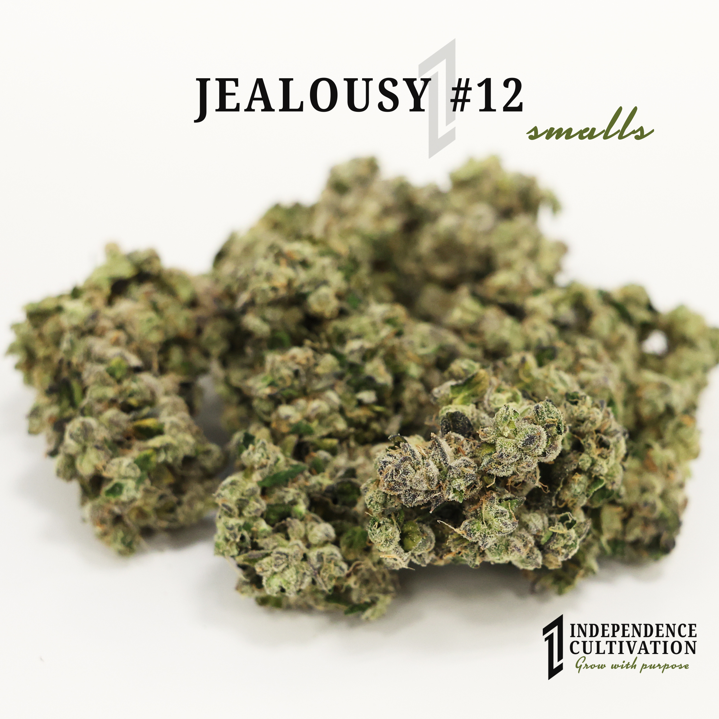 Close-up of small cannabis buds with text overlay reading 'JEALOUSY #12 smalls' and a logo for Independence Cultivation in the bottom right corner.