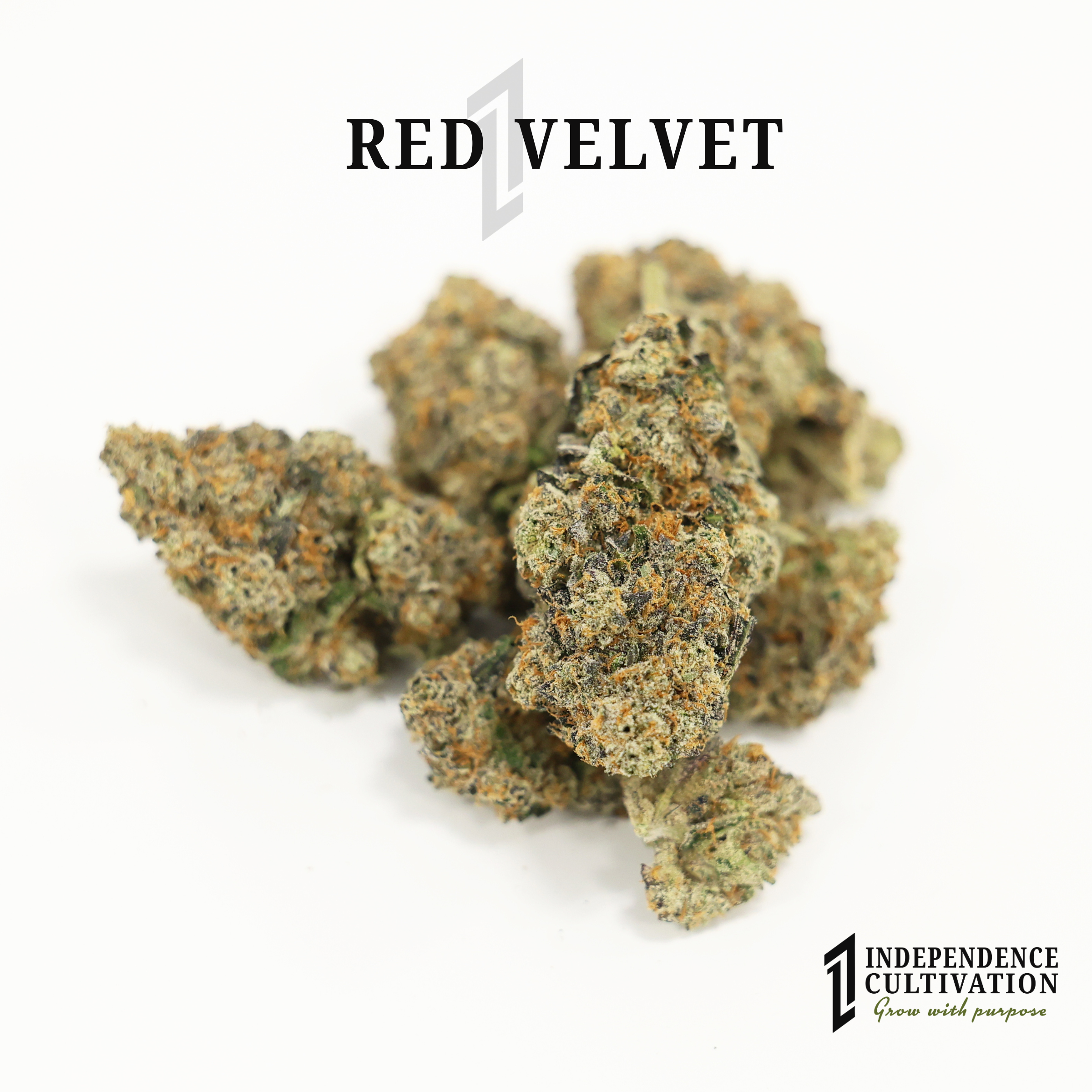 Close-up of cannabis buds with the text 'Red Velvet' at the top and 'Independence Cultivation, Grow with Purpose' at the bottom.