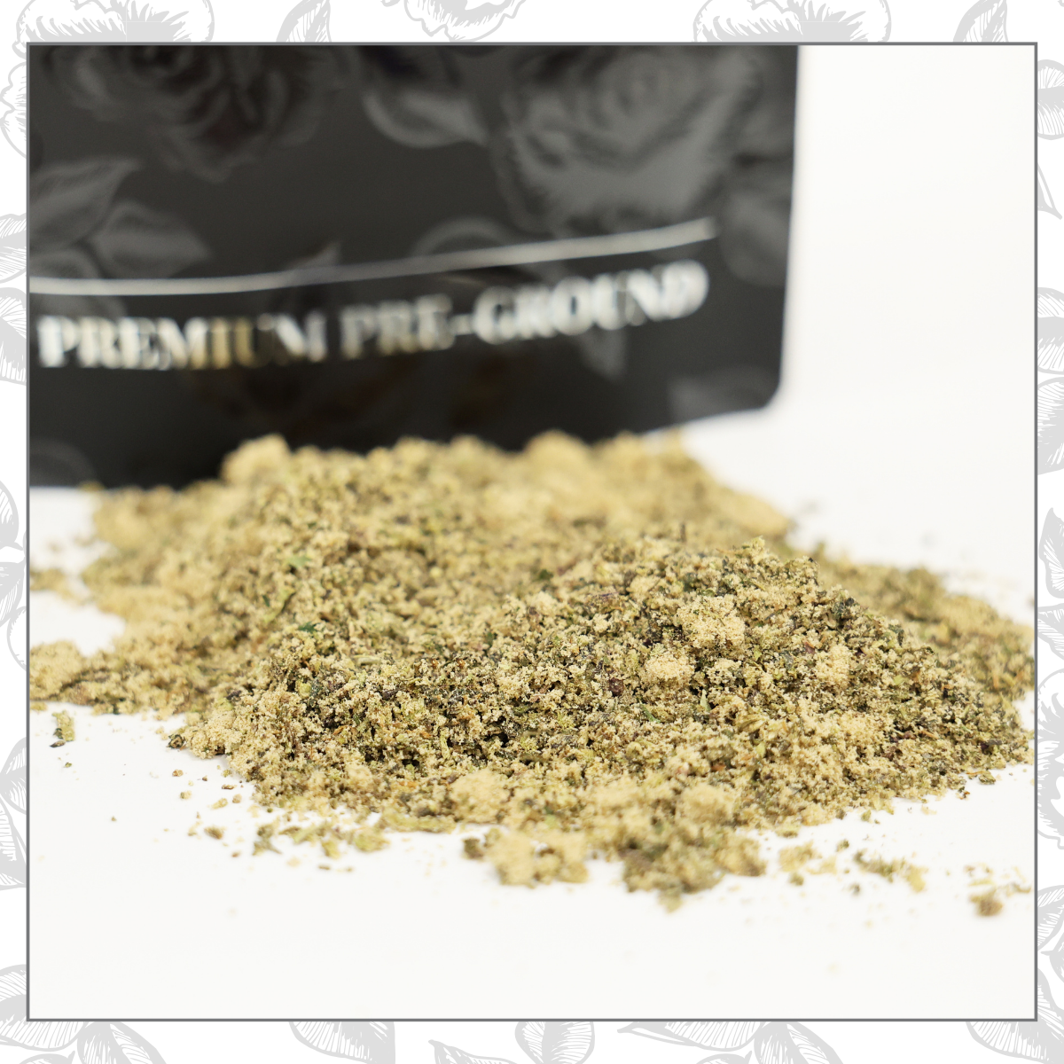 Ground cannabis next to a partially visible black bag labeled "Premium Pre-Ground."
