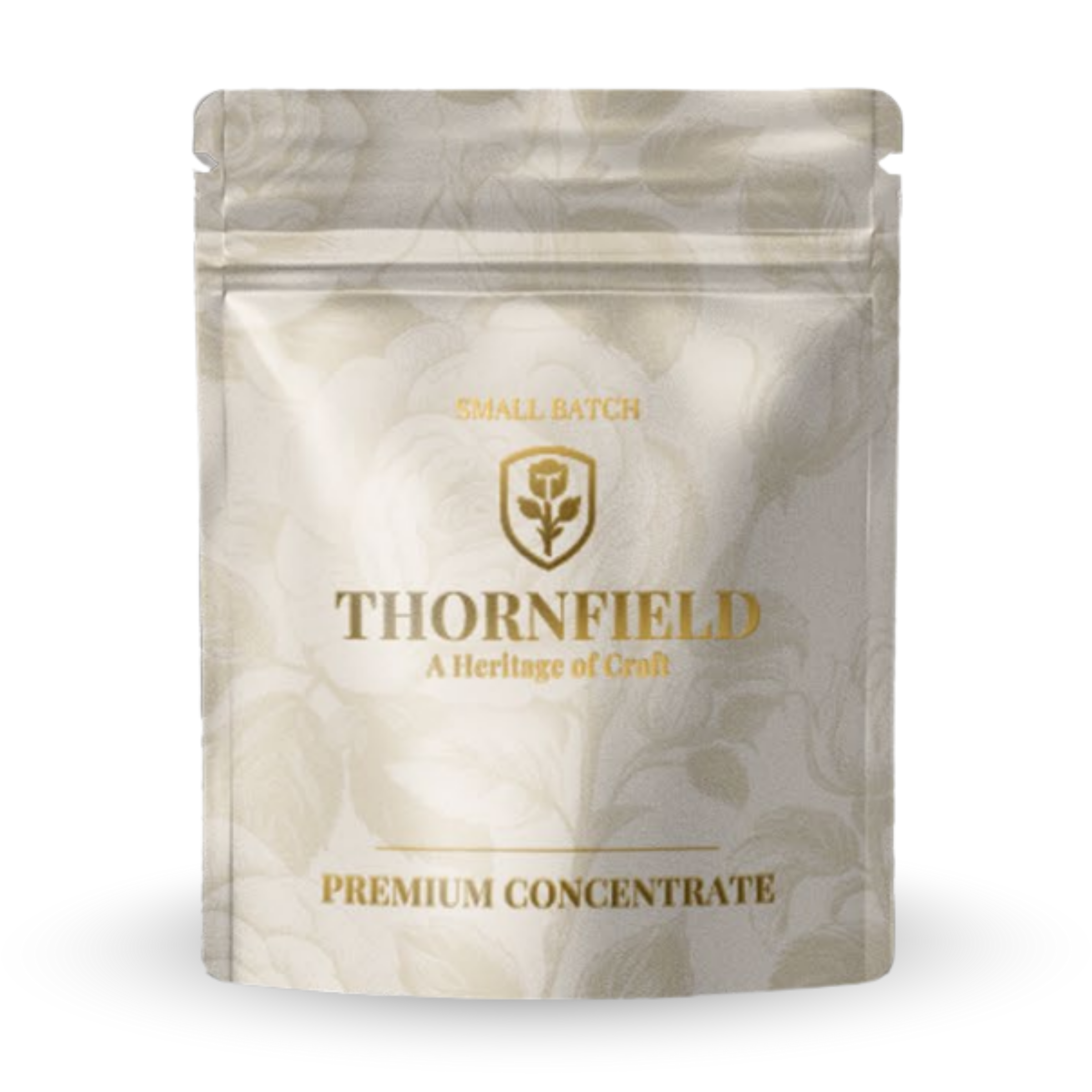 A beige resealable pouch labeled 'Thornfield, A Heritage of Craft, Premium Concentrate' with a gold emblem of a shield with a flower inside.