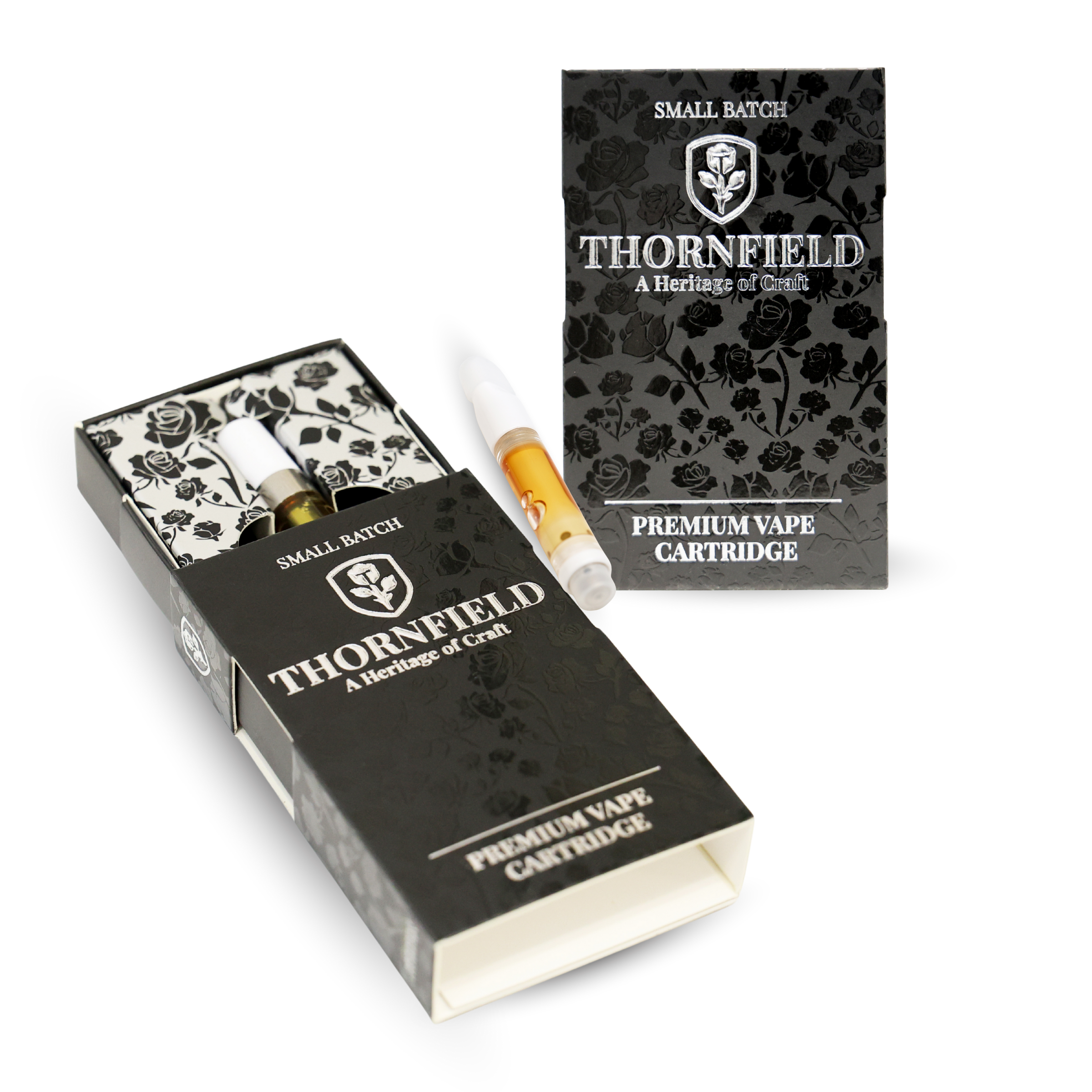 A box of Thornfield premium vape cartridges with two cartridges inside and one cartridge outside the box on a black background.