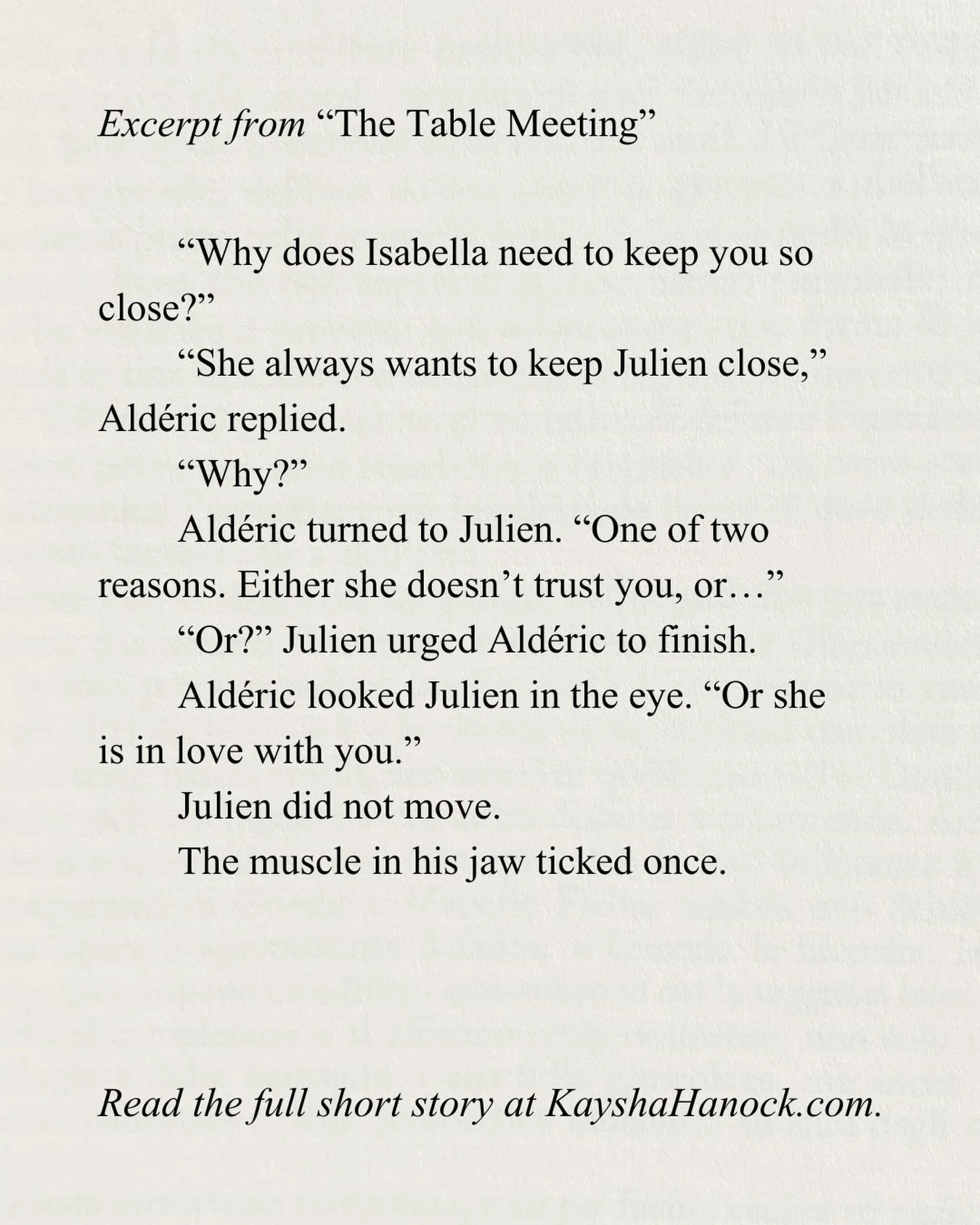 This is what you&rsquo;ve been missing since Anne Rice. 🧛&zwj;♂️ New short story drops every month.&nbsp;

🔗 Read &ldquo;The Table Meeting&rdquo; at KayshaHanock.com. Link in bio.
&nbsp;
#VampireFiction #AnneRiceSuccessor #CharacterIrreplaceable #L