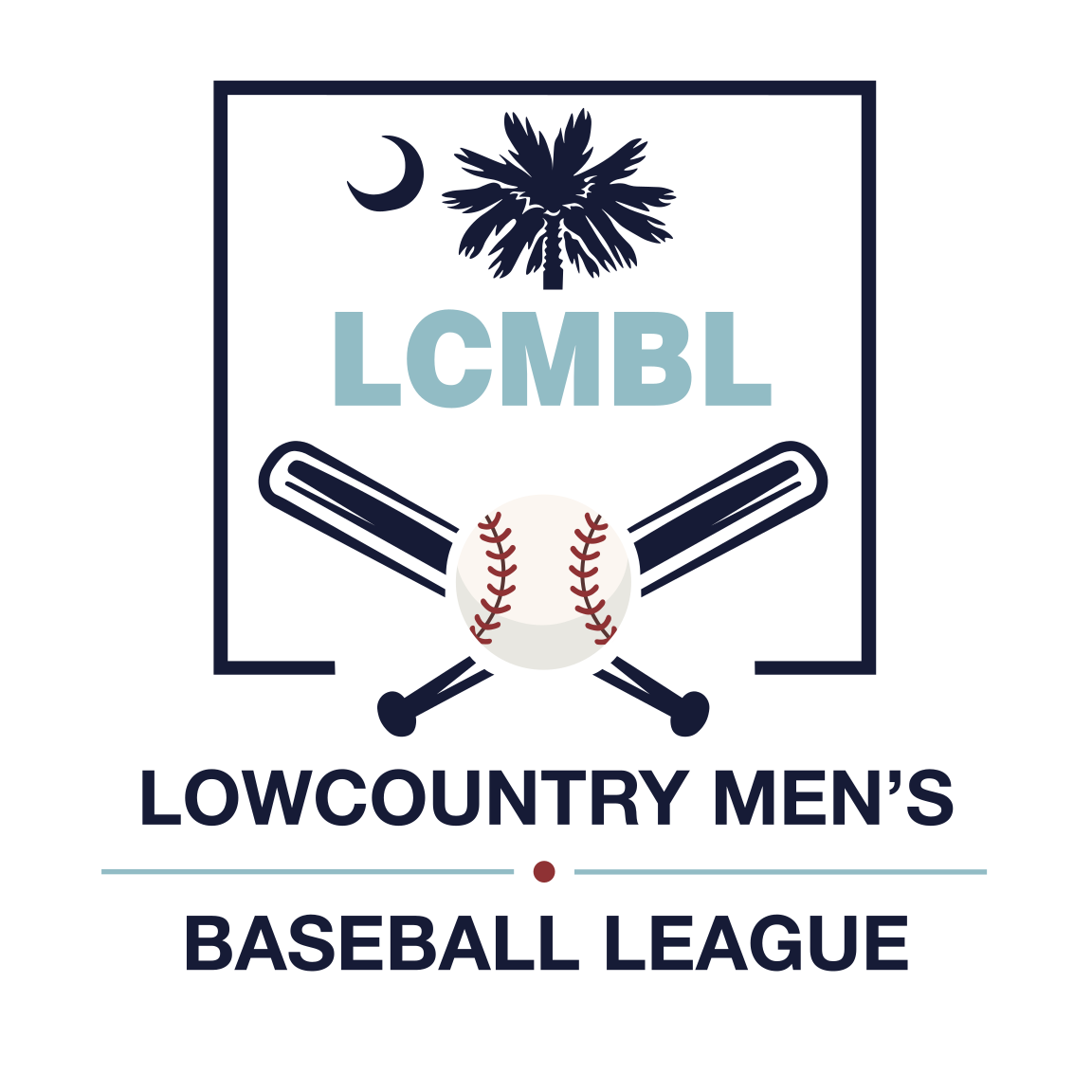 Logo for Lowcountry Men's Baseball League featuring a baseball, two crossed bats, a palmetto tree, and a crescent moon.