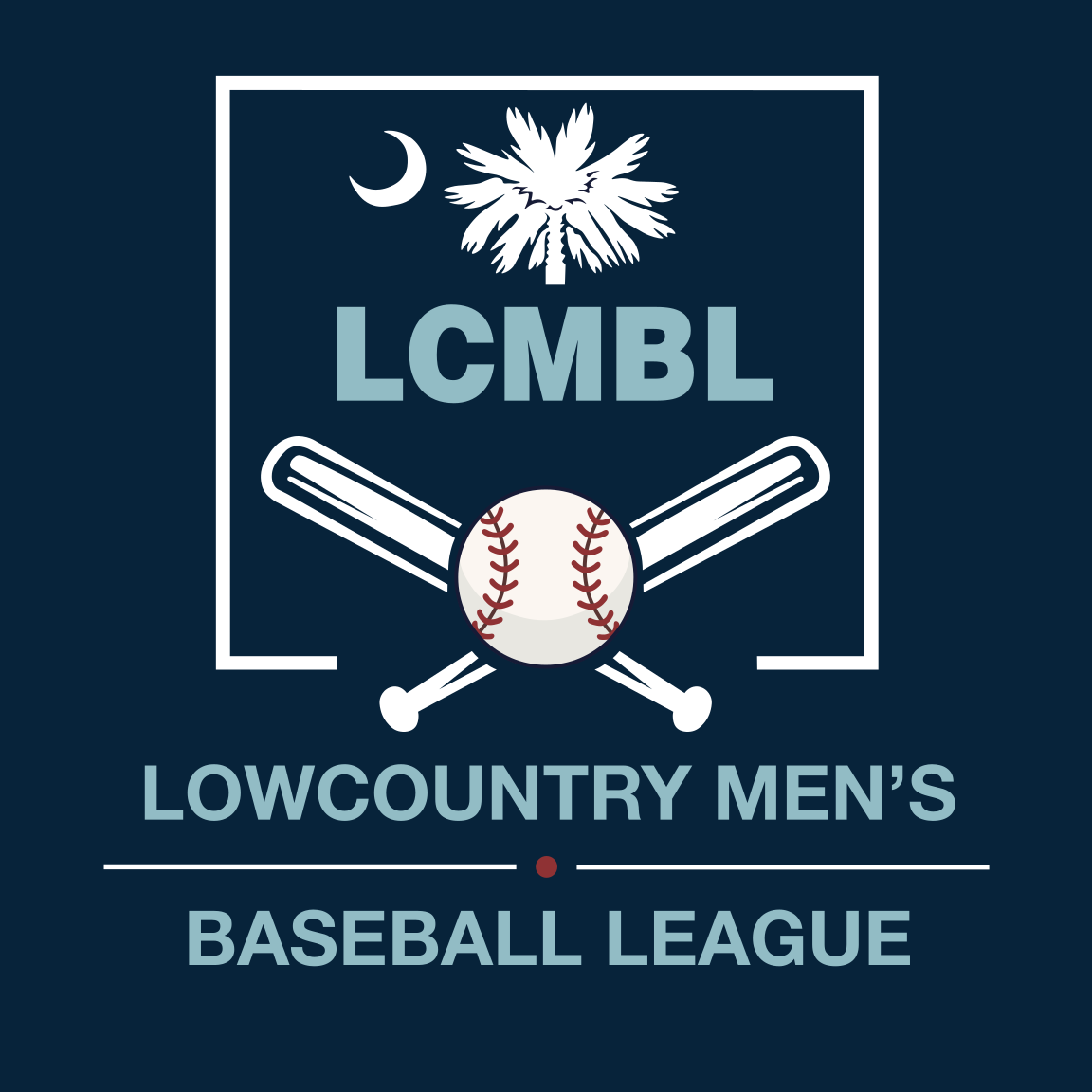 Logo for the Lowcountry Men's Baseball League (LCMBL) featuring a baseball, two crossed bats, a palmetto tree, and a crescent moon on a dark blue background.