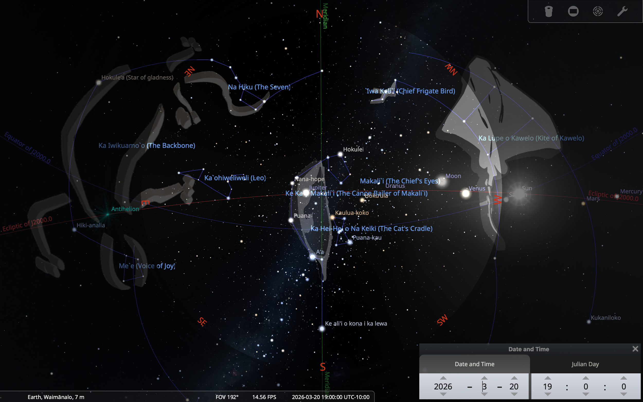 Vernal Equinox, 20 March 2026 (19:00), zenith snapshot of Hawaiian Starline Ke Ka ʻO Makaliʻi.