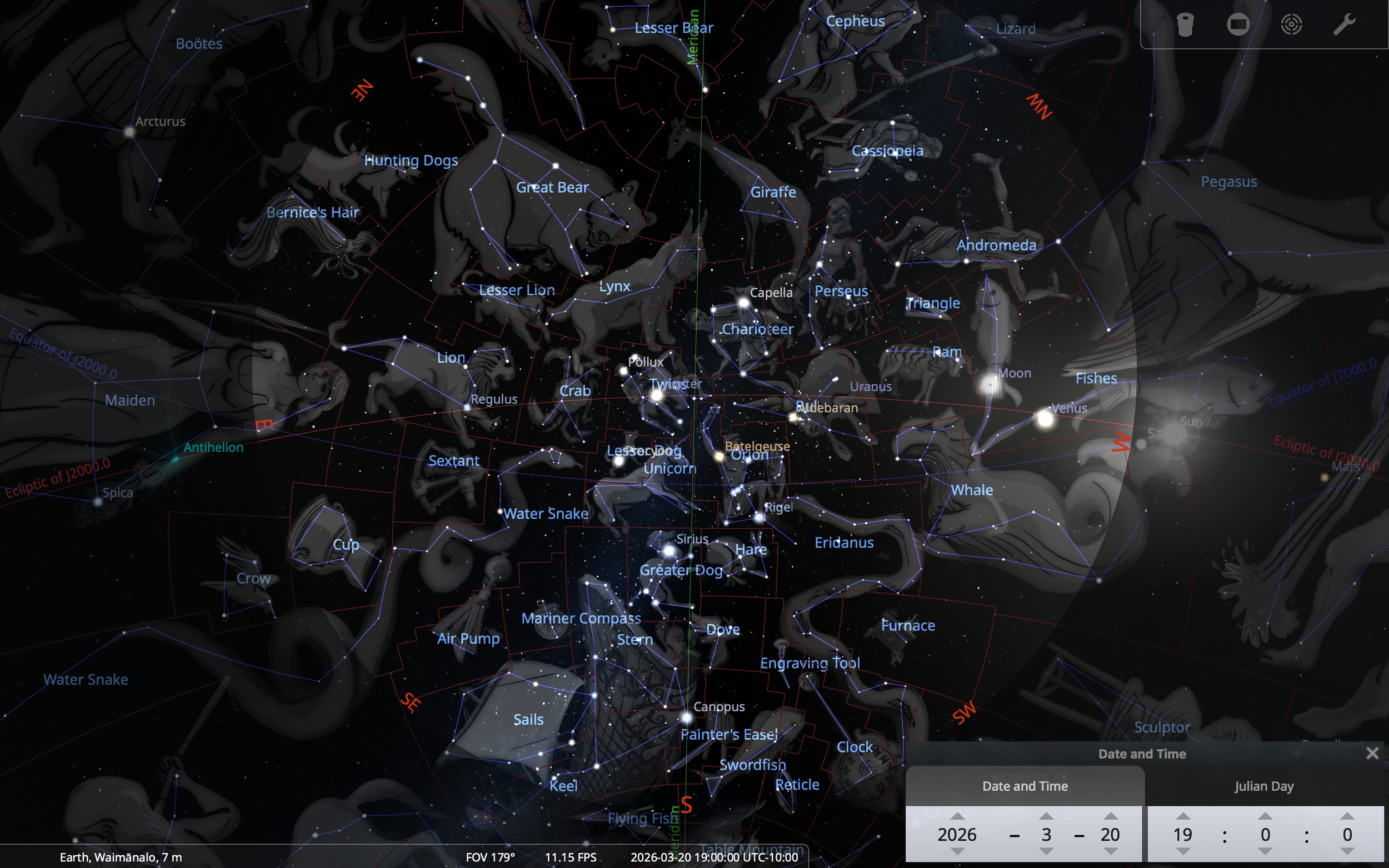 Vernal Equinox, 20 MARCH 2026 (19:00). Zenith snapshot of IAU constellations.