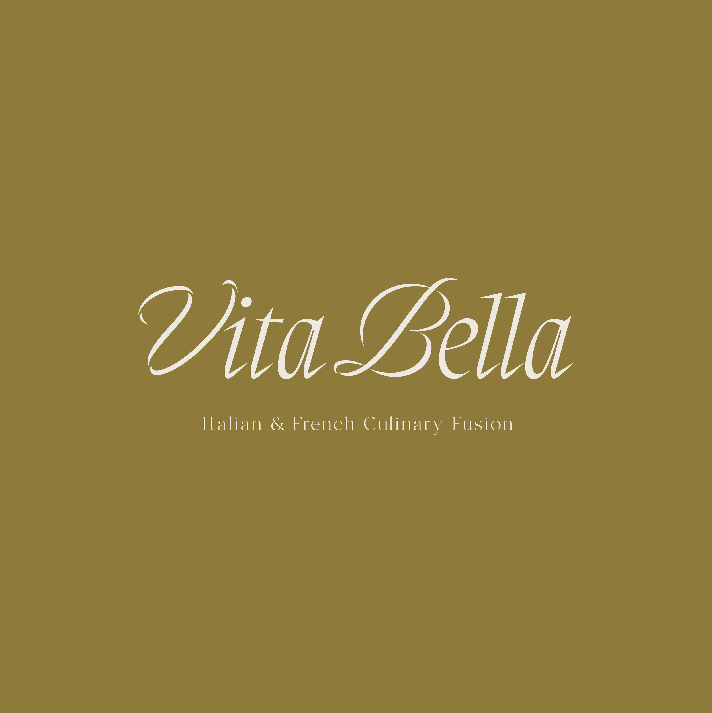 Vita Bella logo with gold background and white text. Subtext reads Italian & French Culinary Fusion.