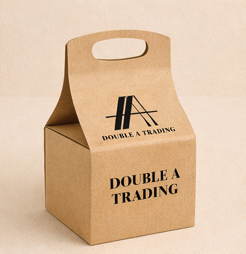 Brown paper takeout box with a handle, featuring the Double A Trading logo and name printed on it.