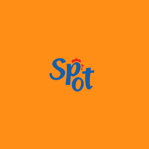 Logo with the word "Spot" in blue letters on an orange background, featuring a small red and yellow flower above the letter "o."