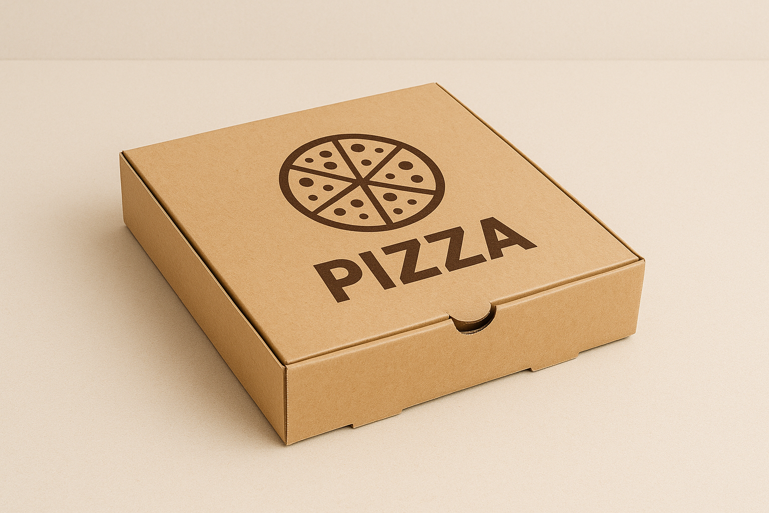 Brown pizza box with a logo of a sliced pizza and the word 'PIZZA' printed on the top, resting on a cream-colored surface.