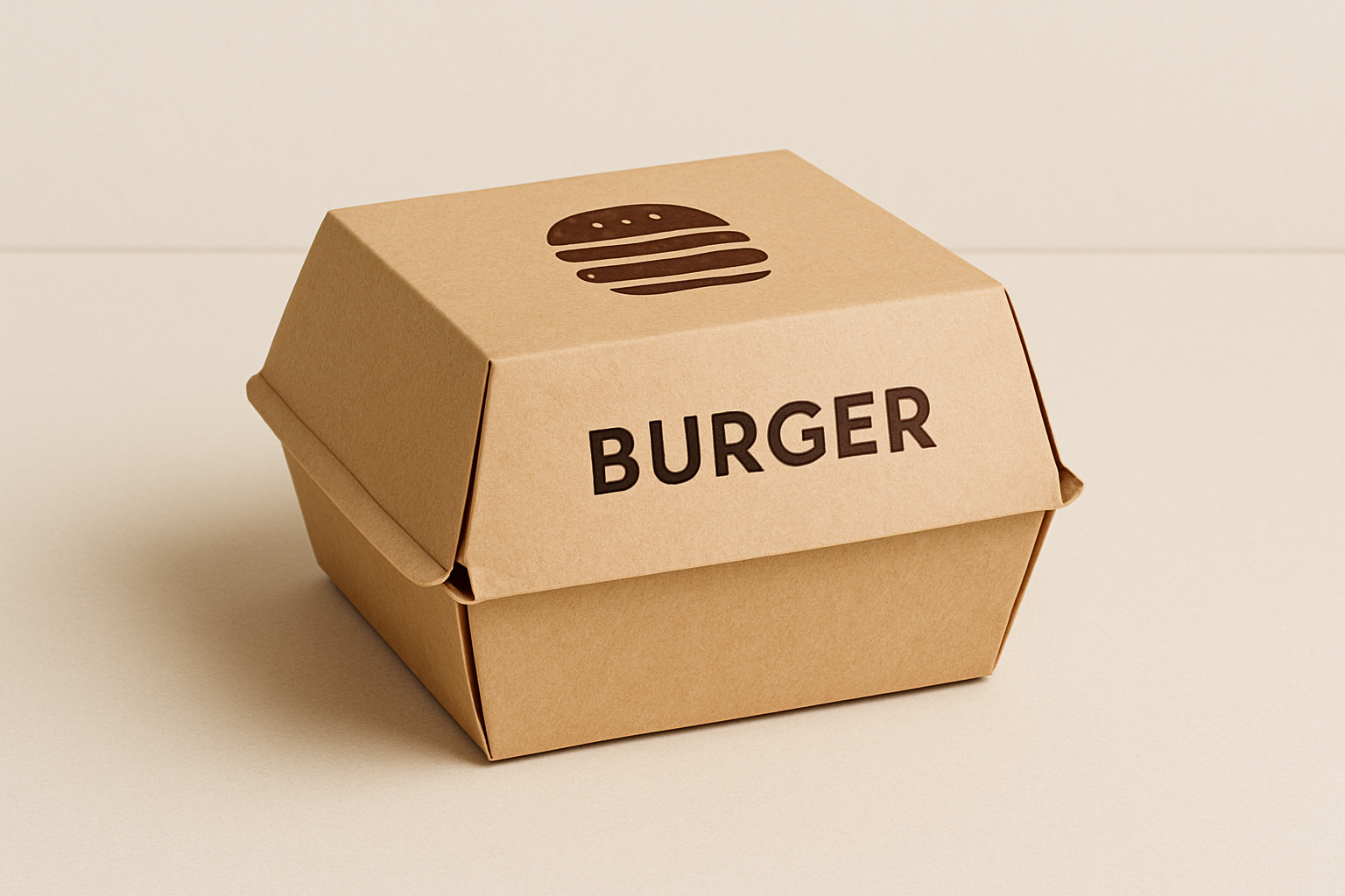 A cardboard takeout burger box with a black burger icon on top and the word 'BURGER' printed on the side, sitting on a white surface.