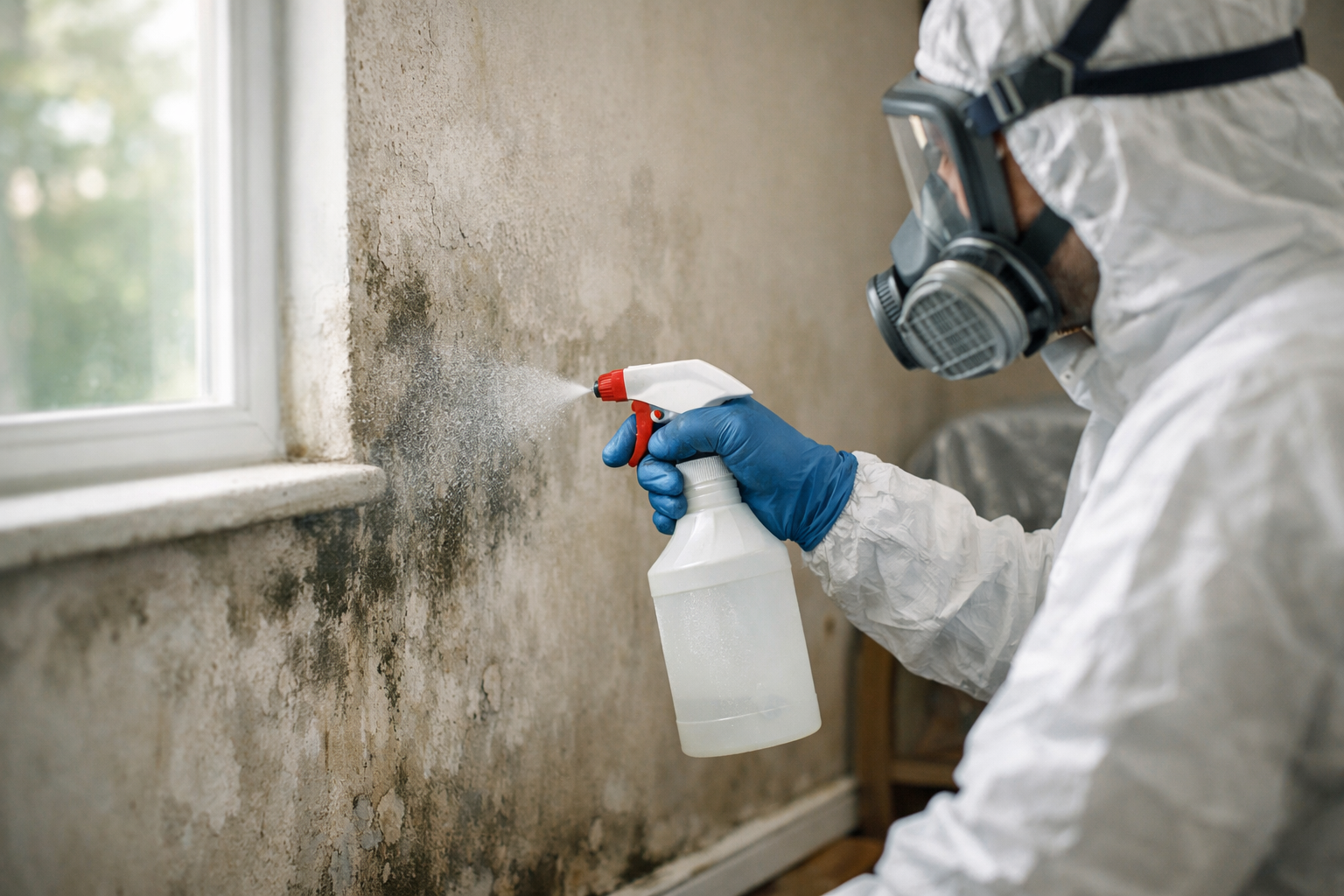 Person in protective suit and mask using spray bottle to clean mold on wall near window.