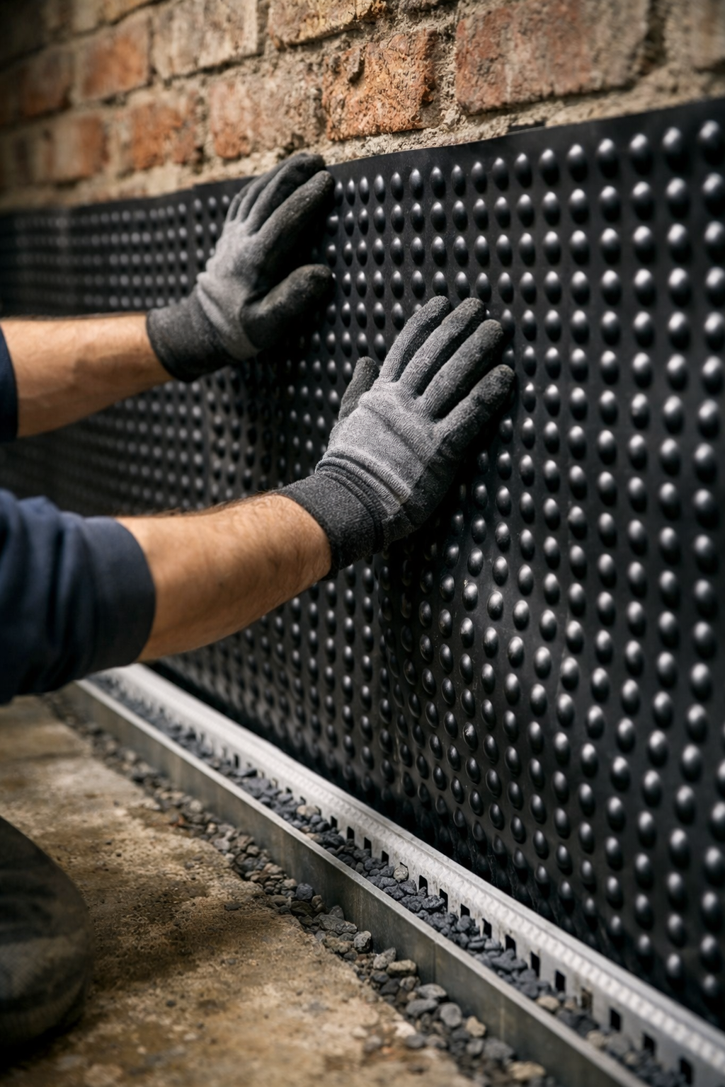A person installing a black rubber noise barrier or wall panel with raised bumps along a brick wall, using gloves for protection.
