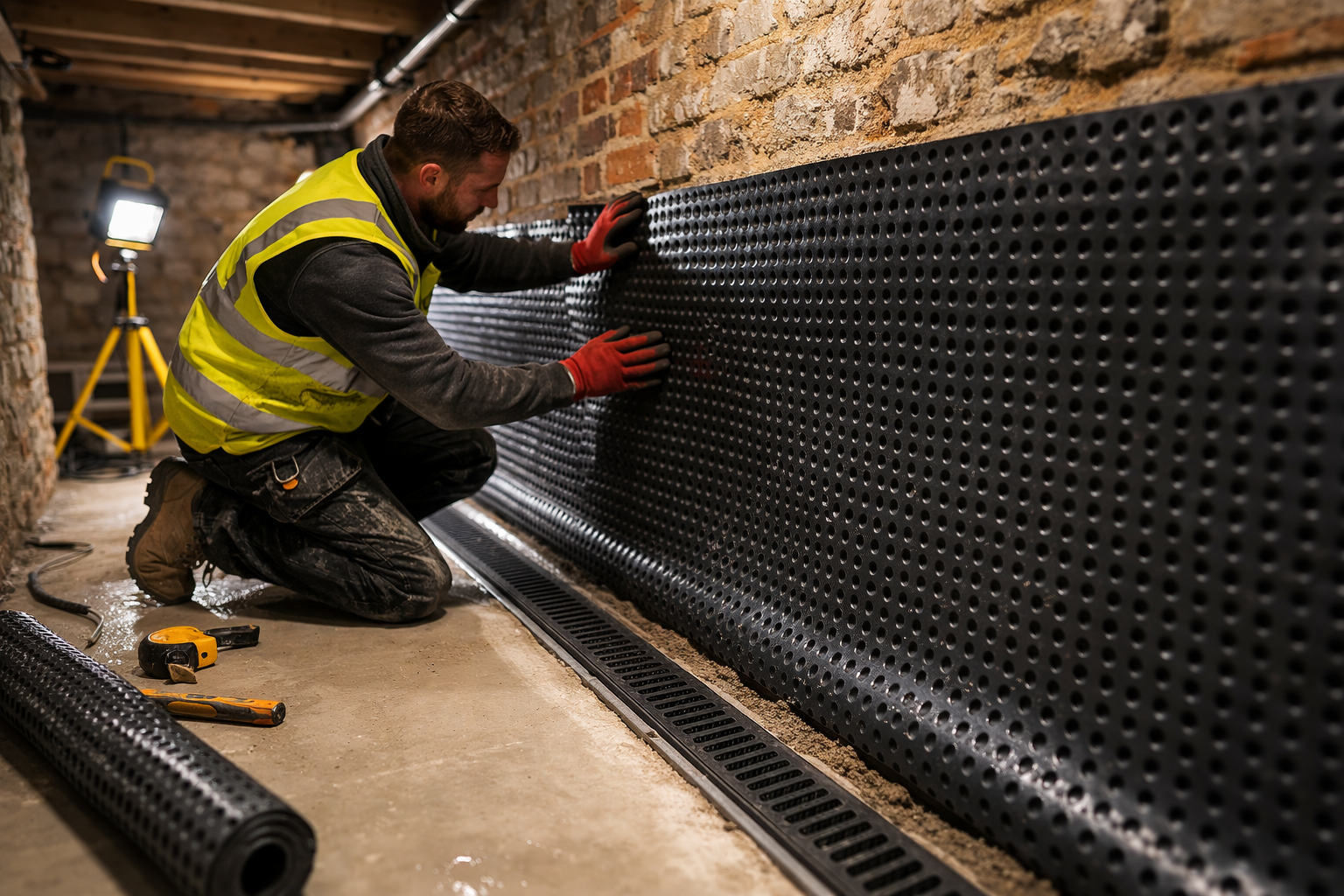 Illustration of a brick wall with drops of water and a shield with a checkmark, representing waterproof or waterproofing protection.