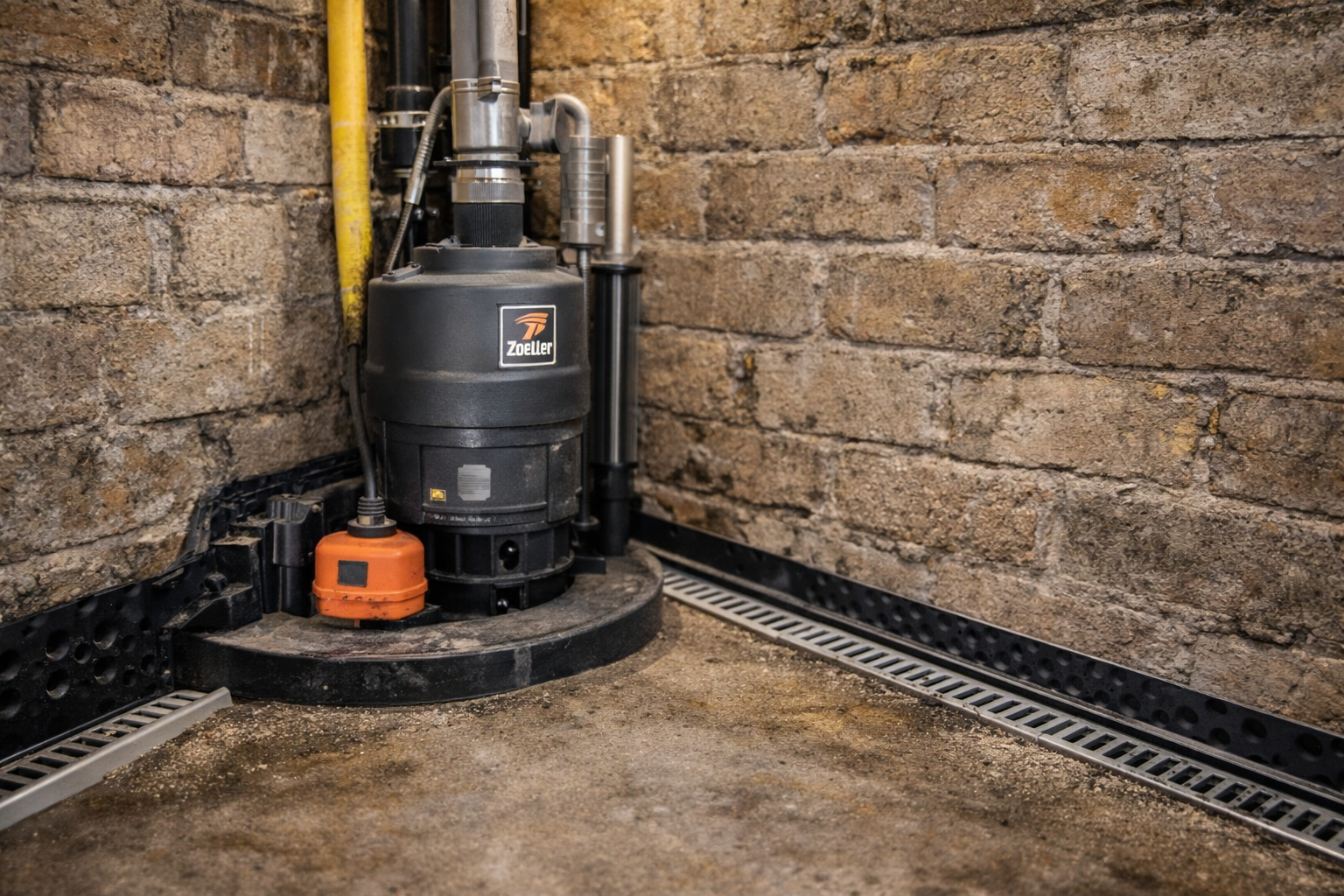 A basement floor with a sump pump system against a brick wall, including a black Zoeller sump pump, an orange float switch, and a drainage grate along the wall.