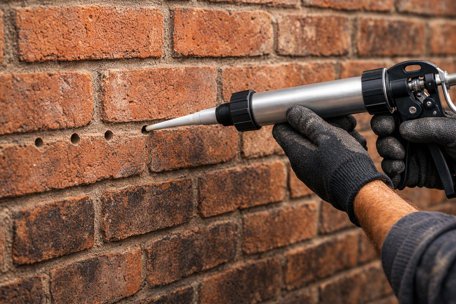 A person in black gloves applies sealant into small holes on a brick wall using a caulking gun.