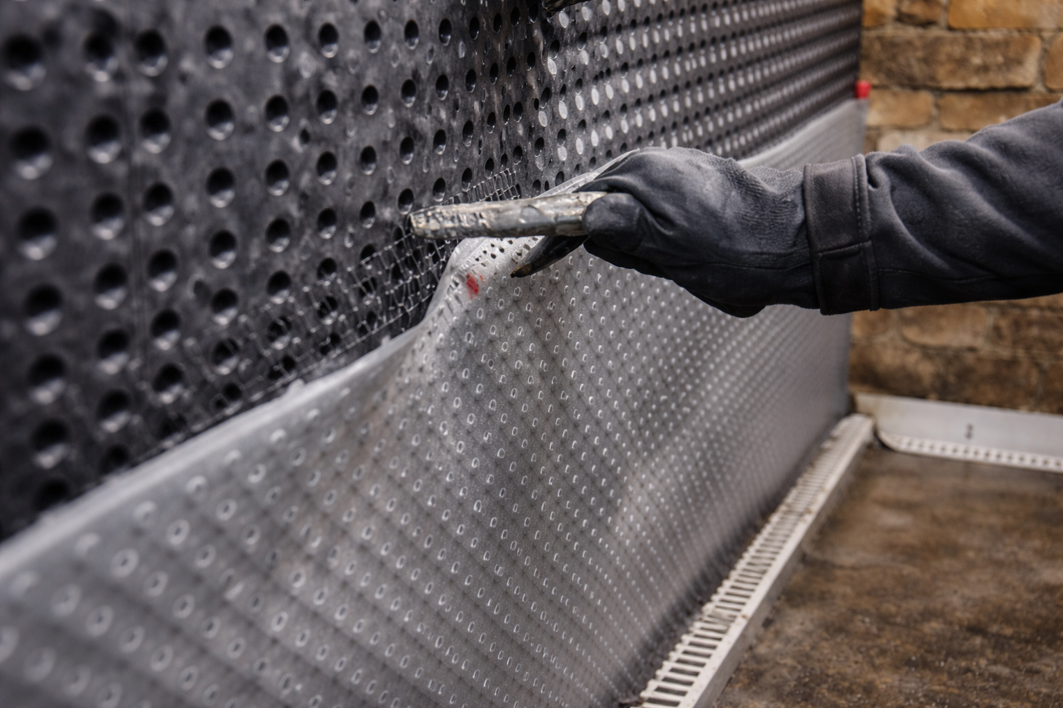 A person wearing black gloves is welding a metal sheet with a grid pattern onto a perforated metal board. The background includes a brick wall.