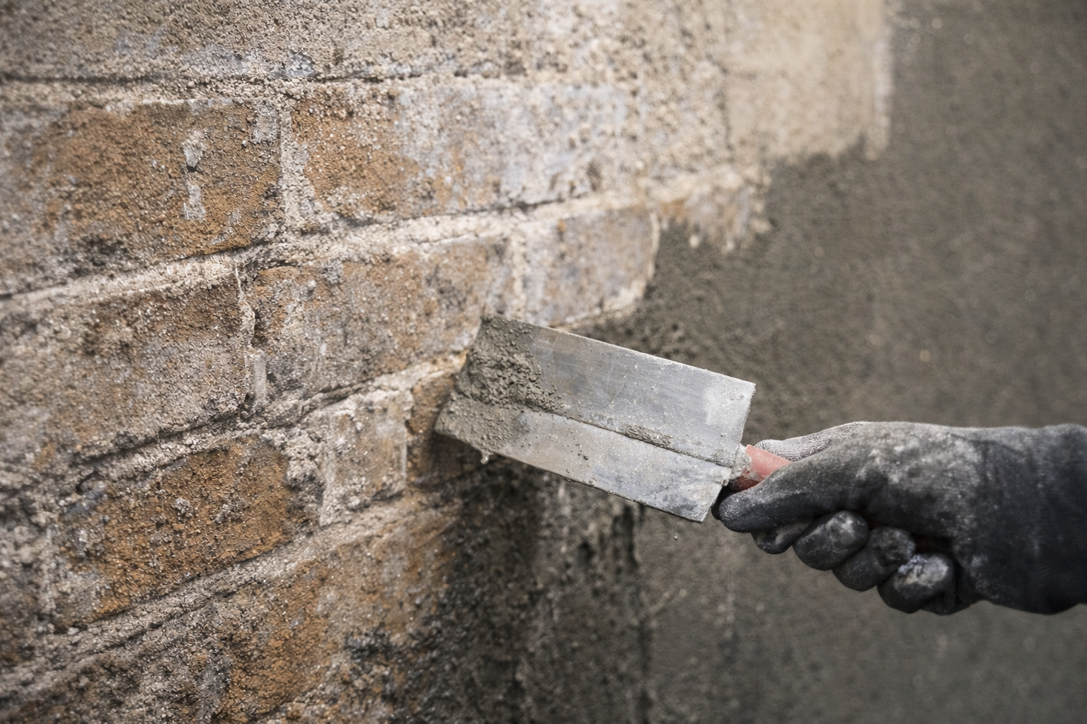 Close-up of a person applying mortar to a brick wall with a trowel.