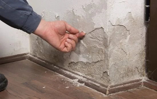 Person removing peeling paint from a wall near a baseboard.