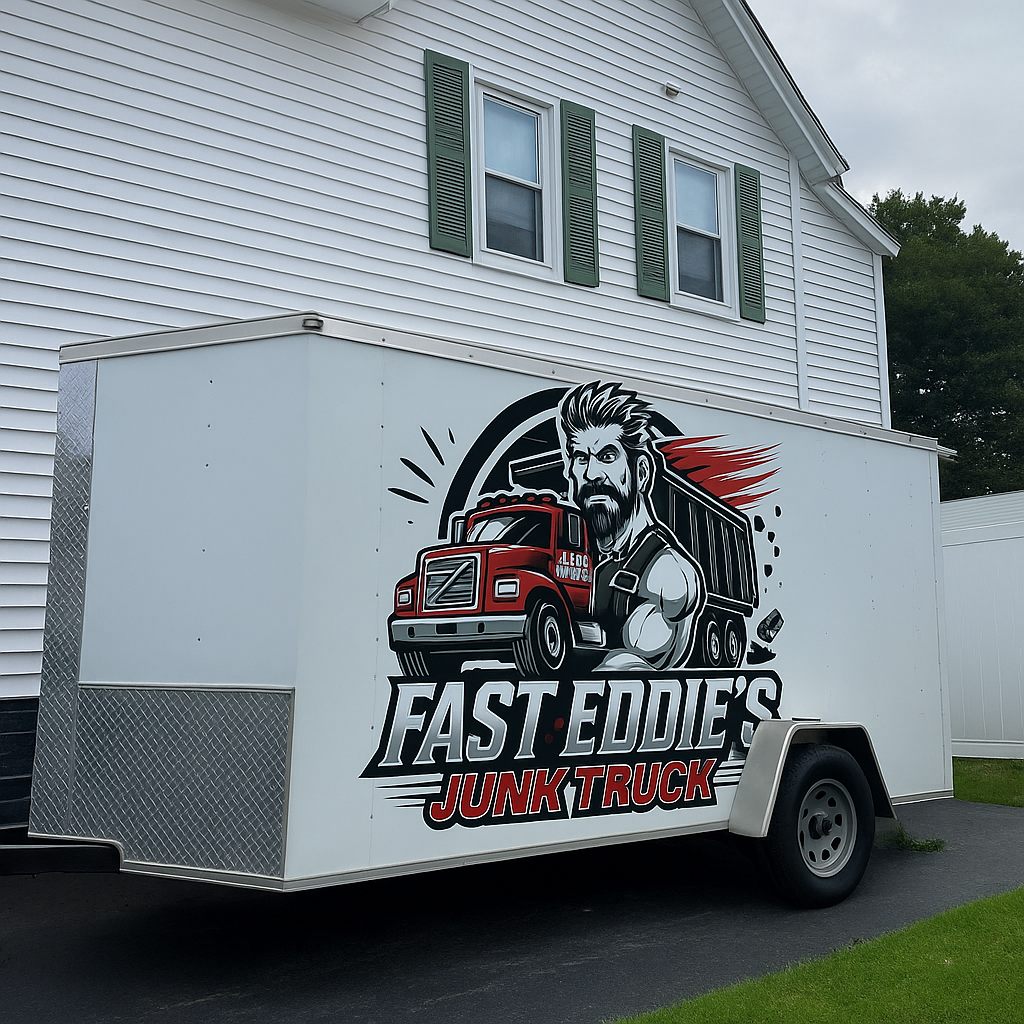 A white trailer with a graphic logo for Fast Eddie's Junk Truck, featuring a muscular man with a beard and spiked hair, a red dump truck, and a background of motion lines on a driveway adjacent to a white house with green shutters.