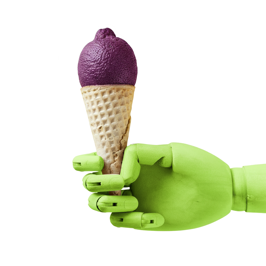 Mão de um robô verde segurando um sorvete de casquinha com uma bola de sorvete roxa
