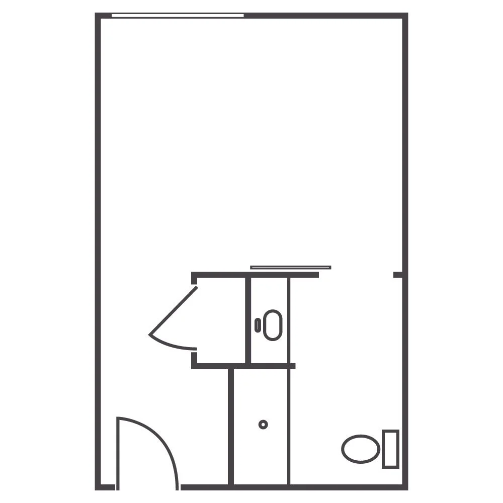 Simple floor plan of a small bathroom with a door, toilet, sink, and a small closet or storage area.