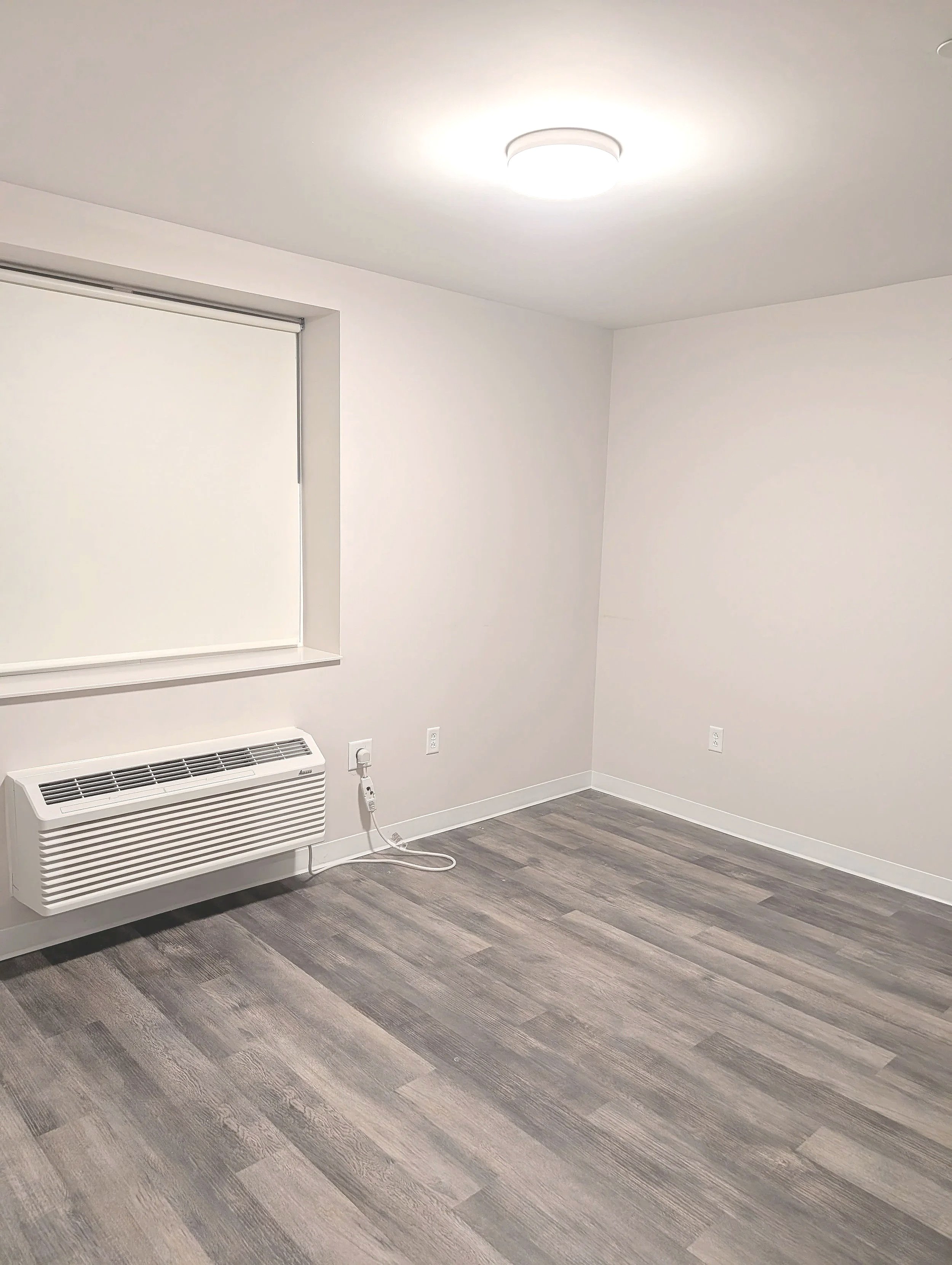 Empty room with white walls, a window with a closed blind, gray wood flooring, a wall-mounted heater, and ceiling light