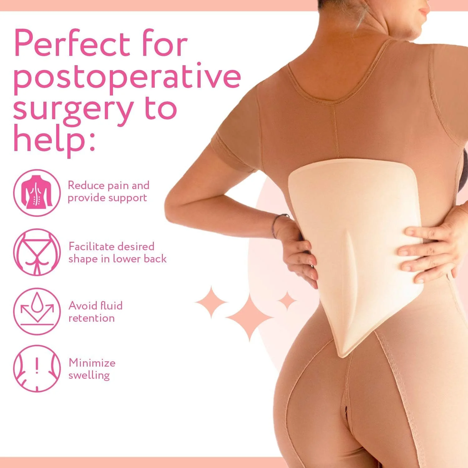 A woman with a large abdominal binder promoting postoperative support, shown from the back, with text highlighting benefits such as reducing pain, supporting lower back shape, avoiding fluid retention, and minimizing swelling.
