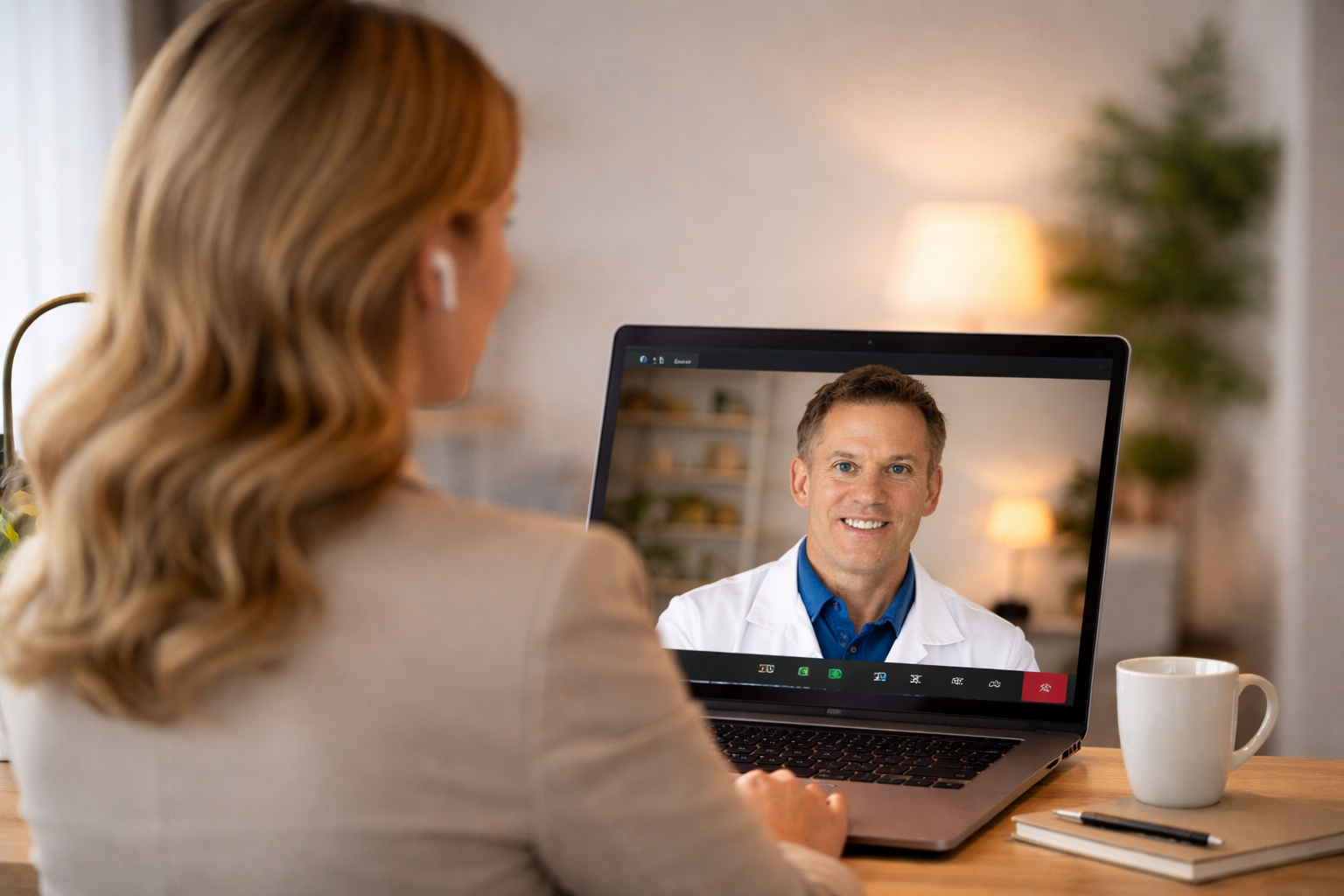 A woman having a video call with a male doctor on her laptop. The woman wears white wireless earbuds and is sitting at a desk with a coffee mug, notebook, and pen. The background features a cozy living room with warm lighting and a plant.
