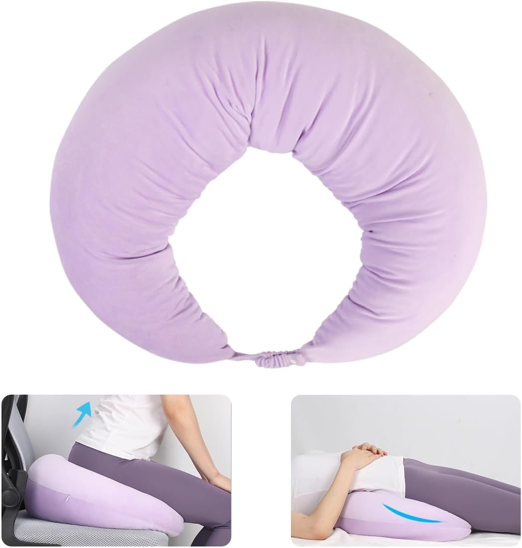 A purple U-shaped cushion designed for support and comfort, with smaller images showing its use for leg elevation and lumbar support.