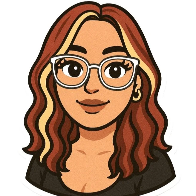 Cartoon illustration of a woman with wavy red hair, wearing white glasses, a black top, and gold hoop earrings.