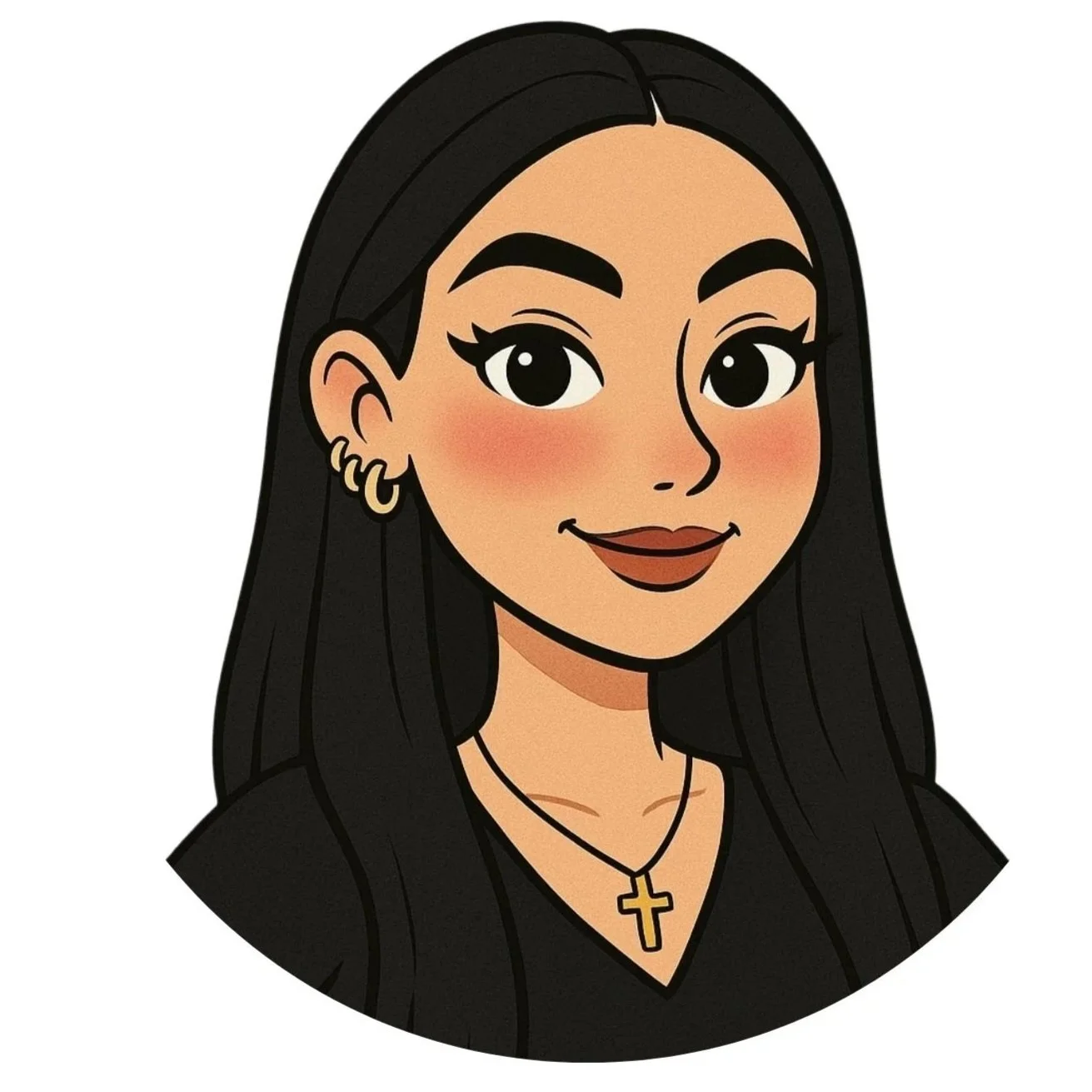Cartoon woman with long black hair, gold hoop earrings, gold cross necklace, and a black shirt.