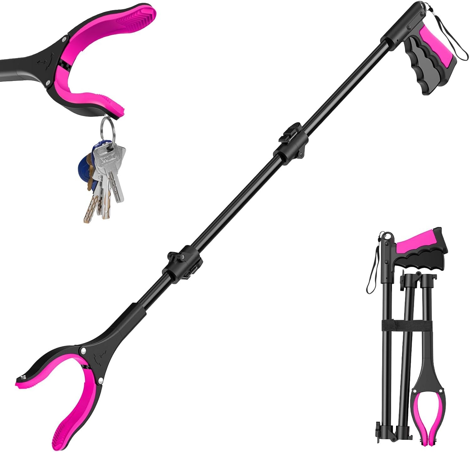 Collage of a pink and black collapsible grabber tool with keys hanging from the handle, shown open, extended, and folded.