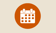 Orange circular icon displaying a white calendar with orange date squares.