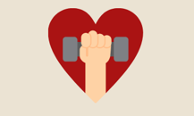 Heart-shaped health and fitness icon with a hand gripping a dumbbell