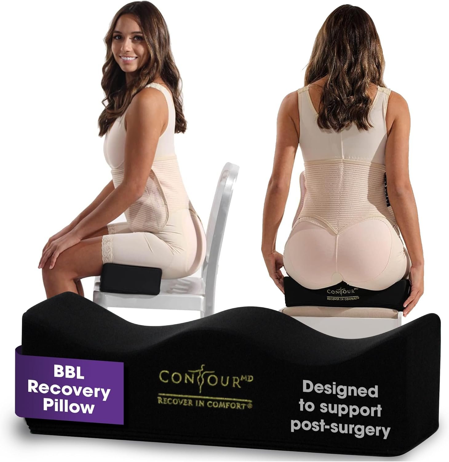 A woman sitting on a white chair with her side profile visible, and the same woman facing away showing her back. She is wearing a beige postoperative compression garment. A black contour branded recovery pillow is in front with the text 'BBL Recovery Pillow' and 'Designed to support post-surgery' printed on it.