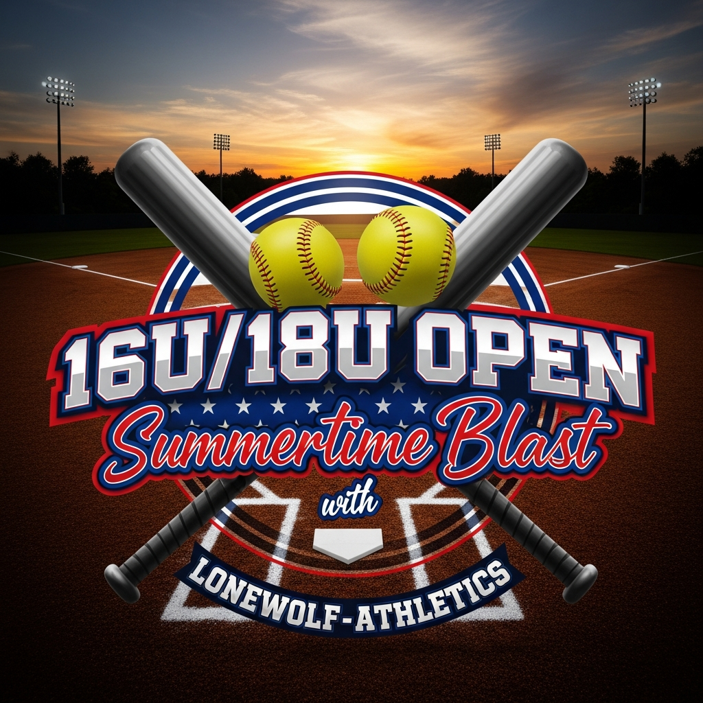 Graphic promoting the 16U/18U baseball summer tournament, titled "Summertime Blast," hosted by Lonewolf Athletics. Features a baseball field at sunset, two crossed baseball bats, and two baseballs.