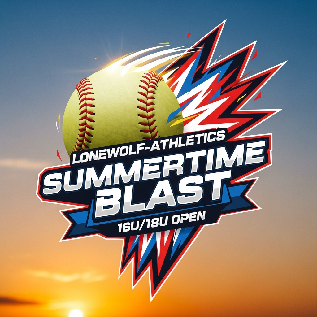 Event poster for Lonewolf Athletics Summer Time Blast featuring a large baseball with a sunset background.